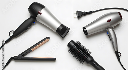 hair tools, beauty and hairdressing concept - hairdryer, hot styler and curling iron or tongs on white background