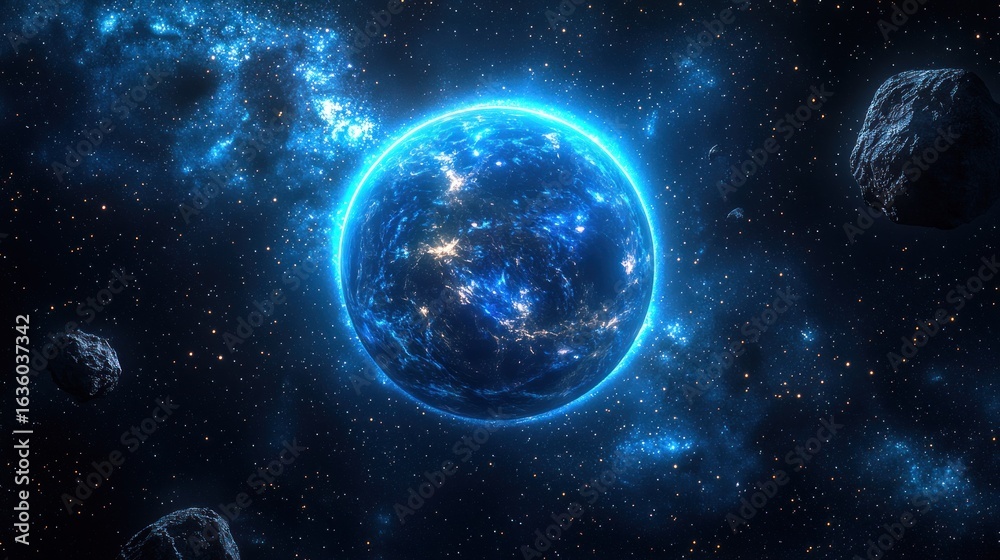 Obraz premium Glowing blue planet with asteroid field, stars and nebulae in cosmic background
