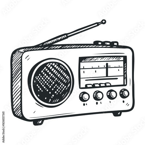 Vintage radio sketch with antenna and tuning dials in monochrome style. Vector illustration