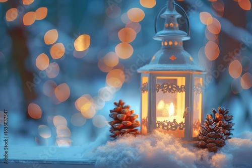 Lantern on the soft snow, Single tall, red candle inside a lantern, set on a windowsill during a snowy evening, warm indoor lighting contrasting with cold outdoor lighting