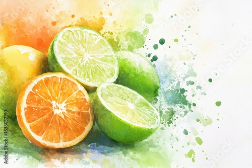 A watercolor-style painting depicts halved oranges and limes, their vibrant colors contrasting against a splatter-painted background.  