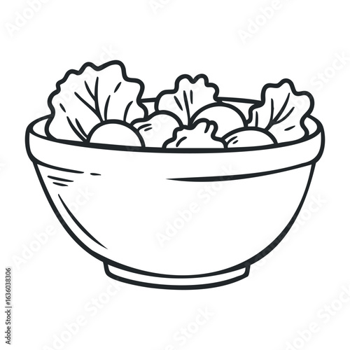Black and white line art of a salad bowl with lettuce and tomatoes. Vector illustration