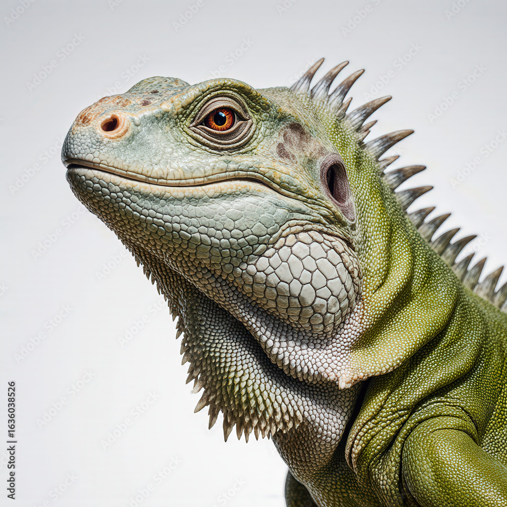 Fototapeta premium Emerald Gaze of the Iguana: The captivating gaze of a vibrant green iguana against a soft backdrop, revealing intricate details and textures, portraying its unique beauty in sharp focus.