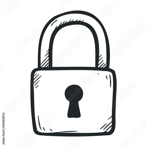 Simple black and white padlock drawing with curved shackle and keyhole. Vector illustration