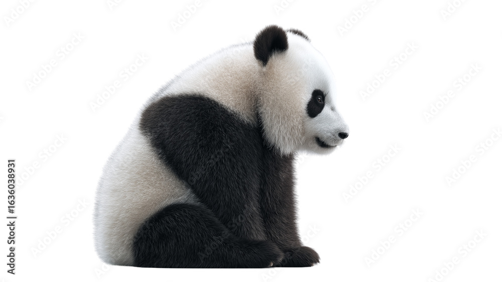 Naklejka premium Cute panda sitting sideways with round ears and fluffy fur, calm pose full body animal photo on white background 4k image