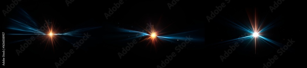 Obraz premium Realistic Lens Flare Effects — sunlight illumination, Light Bursts on Black Background, Colorful light leak overlay effect