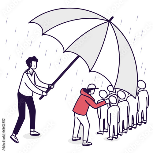 A person holding an umbrella to protect a group of people from the rain, isolated on white background