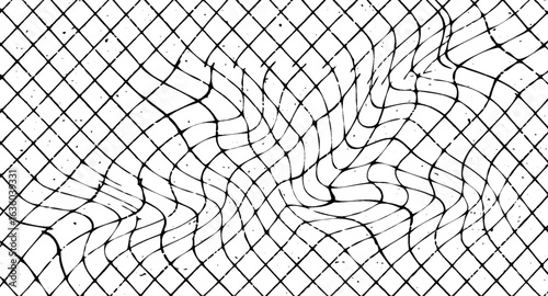 Distorted black grid lines on a white background create a visually captivating abstract pattern with a unique, organic feel, blending geometric precision with fluid asymmetry