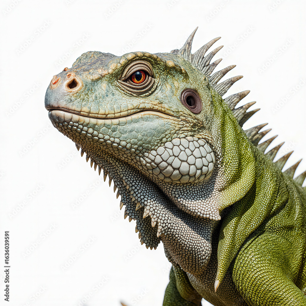 Obraz premium Majestic Iguana's Close-up Portrait: A detailed close-up shot capturing the vibrant skin, sharp scales, and piercing gaze of a vibrant green iguana.