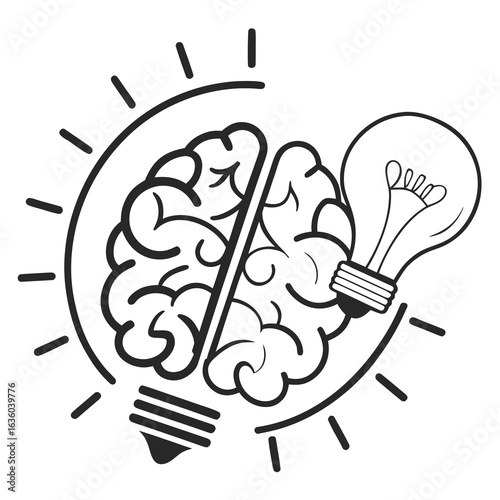 Illustration of a brain and light bulb, representing creative thinking and innovative ideas isolated on white background