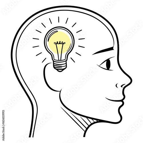 Illustration of a head with a light bulb inside, symbolizing idea generation isolated on white background