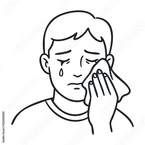 Sad caucasian male crying wiping tears outline drawing. Vector illustration
