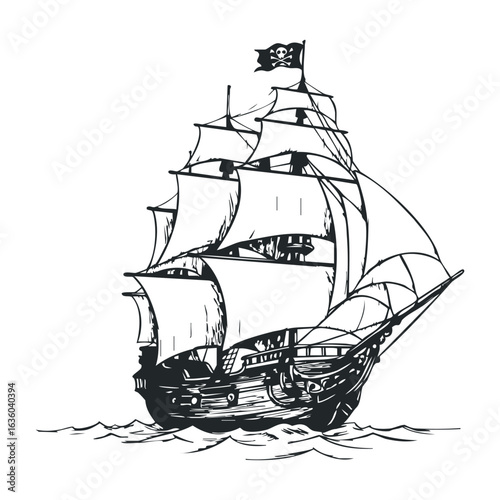 Pirate ship sailing with skull and crossbones flag on high seas in black and white drawing. Vector illustration