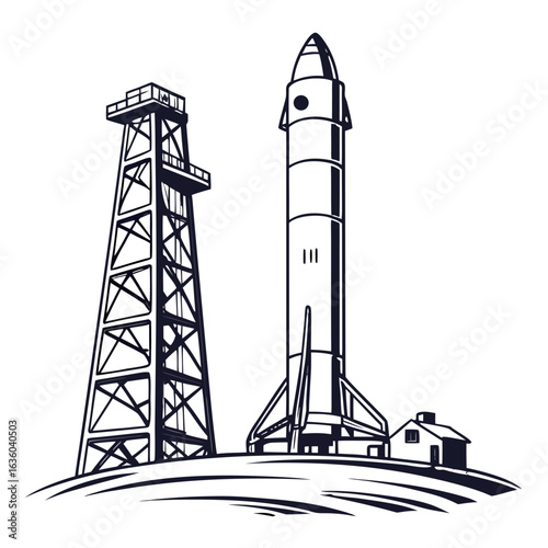 Monochrome illustration of a rocket and launch tower isolated on white background