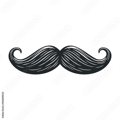 Vintage black moustache illustration with curved ends on white background. Vector illustration