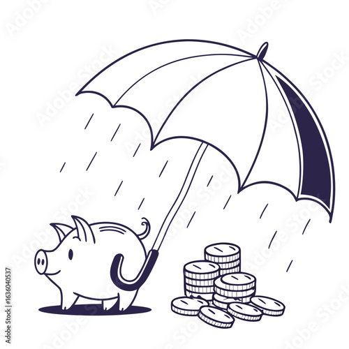 Piggy bank under an umbrella protecting money from rain, symbolizing financial security and investment growth isolated on white background