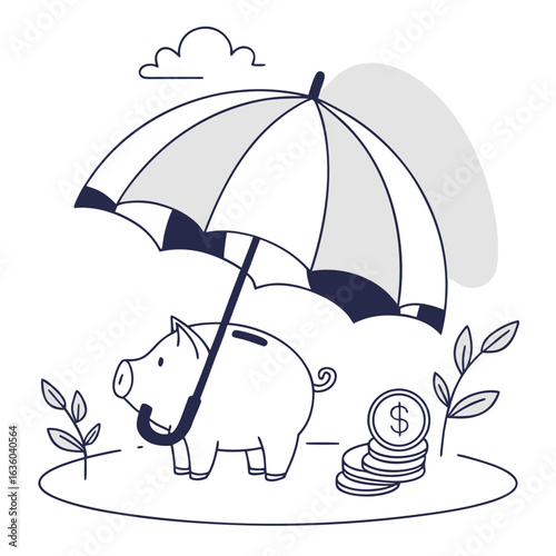 Piggy bank under an umbrella protecting money with plants, symbolizing financial security and investment growth isolated on white background