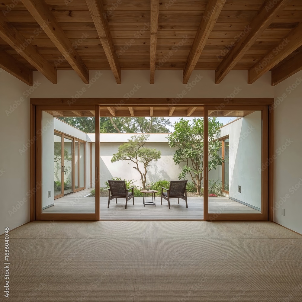 Fototapeta premium Serene interior featuring wooden frame doors leading to a minimalist outdoor courtyard and natural light