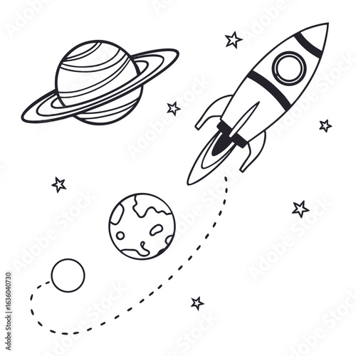 Rocket ship flying through space with planets and stars isolated on white background for kids and children