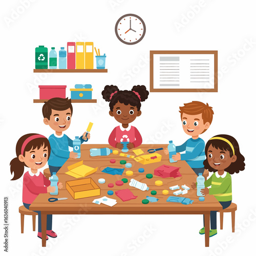 Diverse group of happy children actively participating in an educational upcycling craft project, transforming plastic waste into creative new items. Promotes environmental awareness and sustainabilit