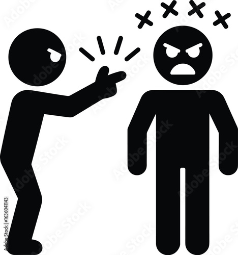 Stick figure pointing finger at angry person with Xs above head anger argument