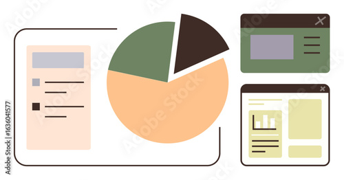 Pie chart central to analysis, surrounded by interactive web window interfaces. Ideal for analytics, data visualization, research, marketing, presentations, reporting, simple flat metaphor