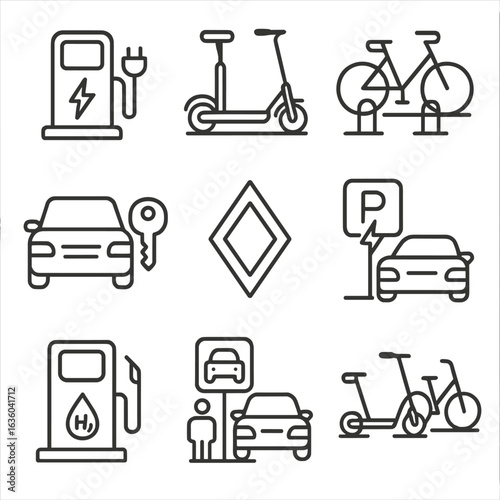 Public Signage Icons. Outline style icons of Public signage: charging station lightning, electric scooter dock, bike share rack,