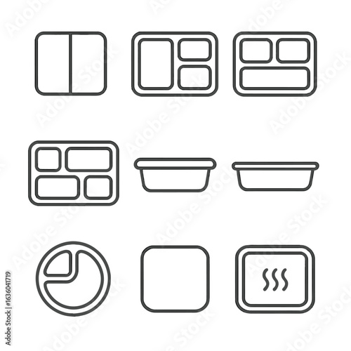 Meal Prep Tray Icons. Line vector icons of Meal prep trays: two-compartment tray, three-compartment tray, four-compartment tray,