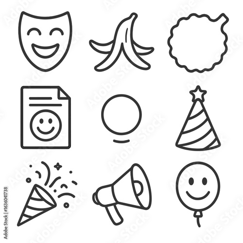 Comedy Icons Collection. Line style icons of Comedy Genre Symbols: laughing mask, banana peel, whoopee cushion, joke script, clown