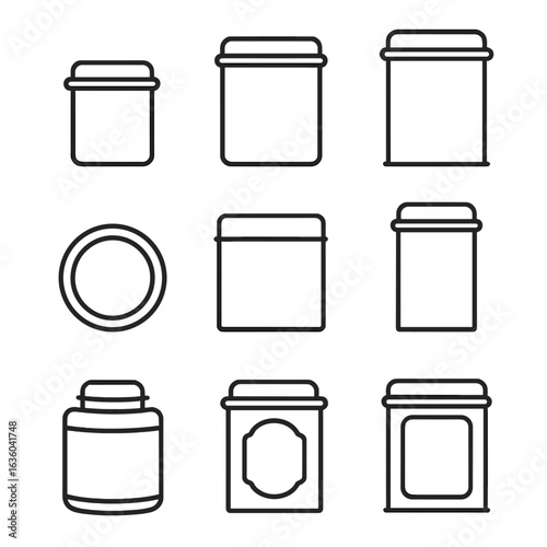 Tea Tin Icons. Line vector icons of Tea metal tins: small tea tin, medium tea tin, large tea tin, round tea tin, square tea tin,