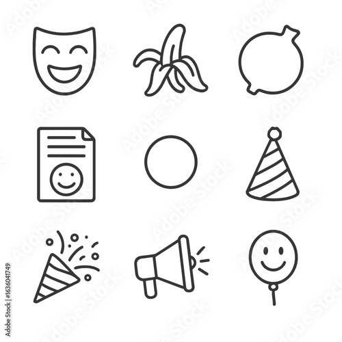 Comedy Icons Collection. Line style icons of Comedy Genre Symbols: laughing mask, banana peel, whoopee cushion, joke script, clown