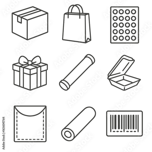 Packaging Icons Overview. Line style icons of Packaging Types: corrugated box, paper bag, bubble wrap, gift box with bow, mailing