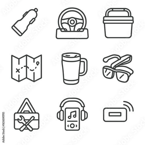 Road Trip Essentials Icons. Line style icons of Road Trip Necessities: car charger, steering-wheel desk, cooler box, paper map,