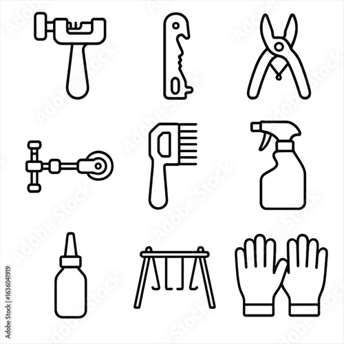 Chain Maintenance Icons. Line style icons of Chain Maintenance Tools: chain breaker, chain wear gauge, master link pliers, chain