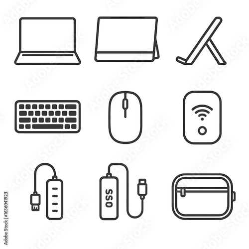 Digital Nomad Essentials. Line style icons of Digital Nomad Setup: lightweight laptop, portable monitor, collapsible stand,