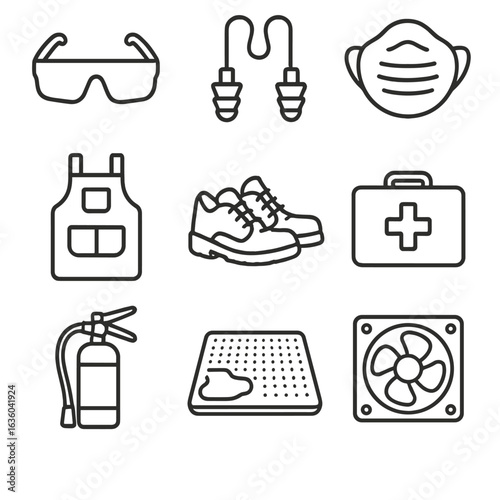 Bike Workshop Safety Icons. Line style icons of Safety Gear for Bike Workshop: safety glasses, ear plugs, dust mask, mechanic