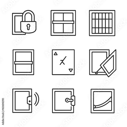 Window Safety Icons. Line style icons of Window Safety Devices: window lock, safety bar, window guard, window stop, tempered glass
