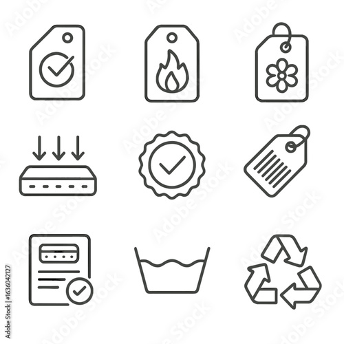 Mattress Safety Icons. Line style icons of Mattress Safety Labels: certification tag, flammability label, hypoallergenic tag,