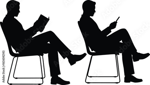 Silhouette of men sitting on chairs, reading book, using tablet, business posture, workplace concept, digital lifestyle, corporate illustration, professional activity,