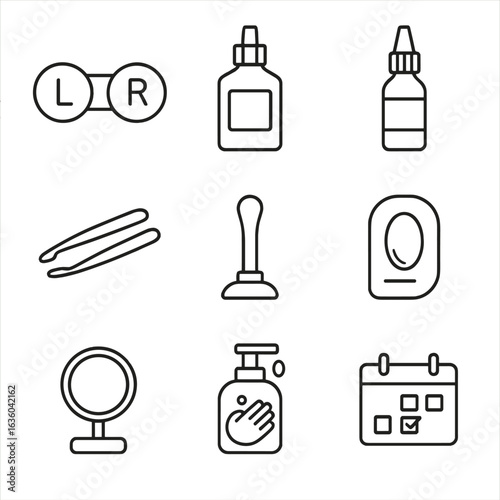 Contact Lens Care Icons. Line style icons of Contact Lens Care: contact lens case, multipurpose solution bottle, saline bottle,