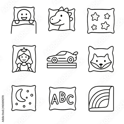 Kids Bedding Icons. Line vector icons of Kids Bedding Themes: cartoon duvet, dinosaur pillow, star sheet, rainbow blanket,