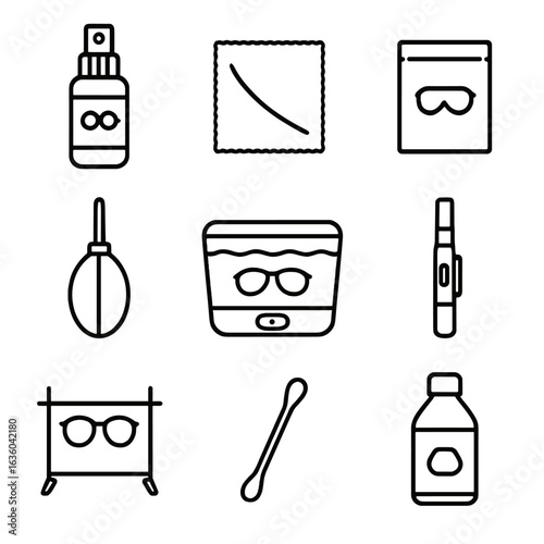 Eyewear Cleaning Icons. Line style icons of Eyewear Cleaning Supplies: lens cleaner spray, microfiber cloth, cleaning-wipe packet,