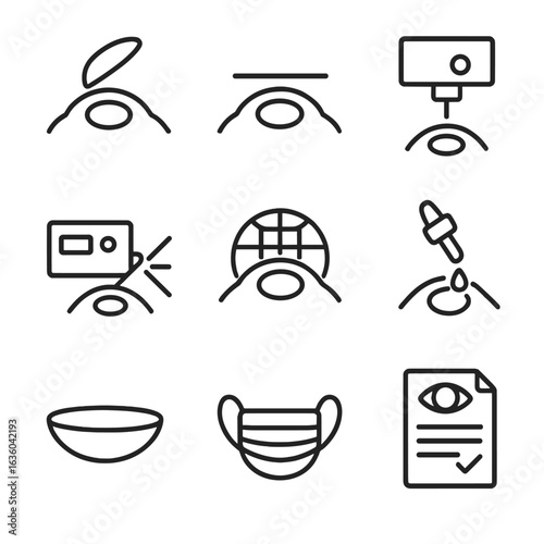 Refractive Surgery Icons. Line style icons of Refractive Surgery Concepts: LASIK flap icon, PRK surface icon, femtosecond laser,