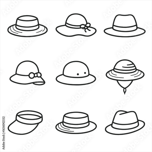 Iconic Summer Sun Hats. Line style icons of Summer Sun Hats: wide-brim straw hat, floppy beach hat, Panama hat, garden cloche,