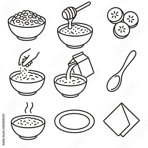 Oatmeal Breakfast Icons. Line style icons of Classic Oatmeal Breakfast: rolled oats bowl, honey drizzle, banana slices, cinnamon