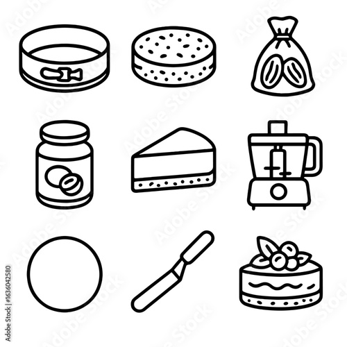 Oat Cheesecake Icons. Line style icons of Oat Cheesecake Crusts: springform pan, oat crust, blended dates, coconut oil jar,