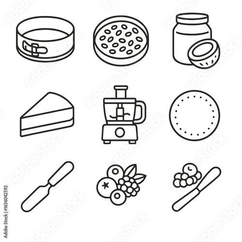 Oat Cheesecake Icons. Line style icons of Oat Cheesecake Crusts: springform pan, oat crust, blended dates, coconut oil jar,