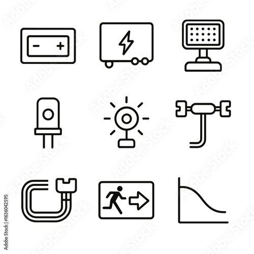 Emergency Lighting Icons. Line style icons of Emergency Backup Lighting: backup battery box, inverter unit, quick-on LED, test