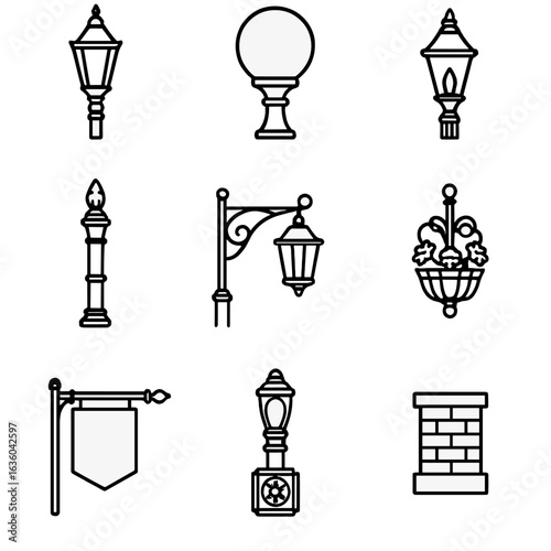 Decorative Street Lamp Icons. Line style icons of Decorative Street Lamps: Victorian lantern, globe head lamp, acorn top fixture,