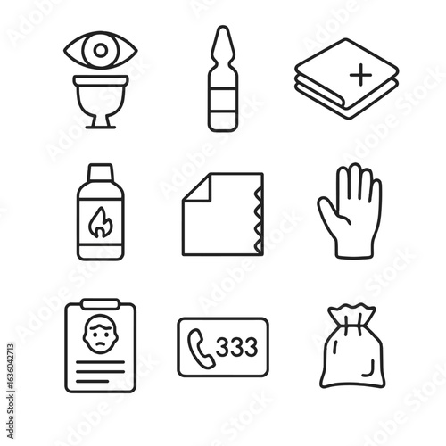 Paint Exposure First Aid Icons. Line style icons of First Aid for Paint Exposure: eye rinse cup, saline ampoule, skin cleanser